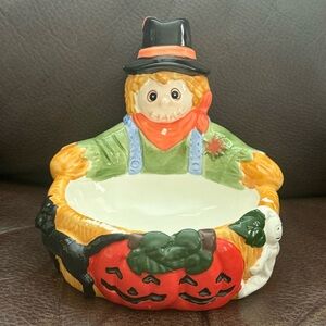 Vintage Scarecrow Ceramic Halloween Candy Bowl - Black Cat Ghost Pumpkins